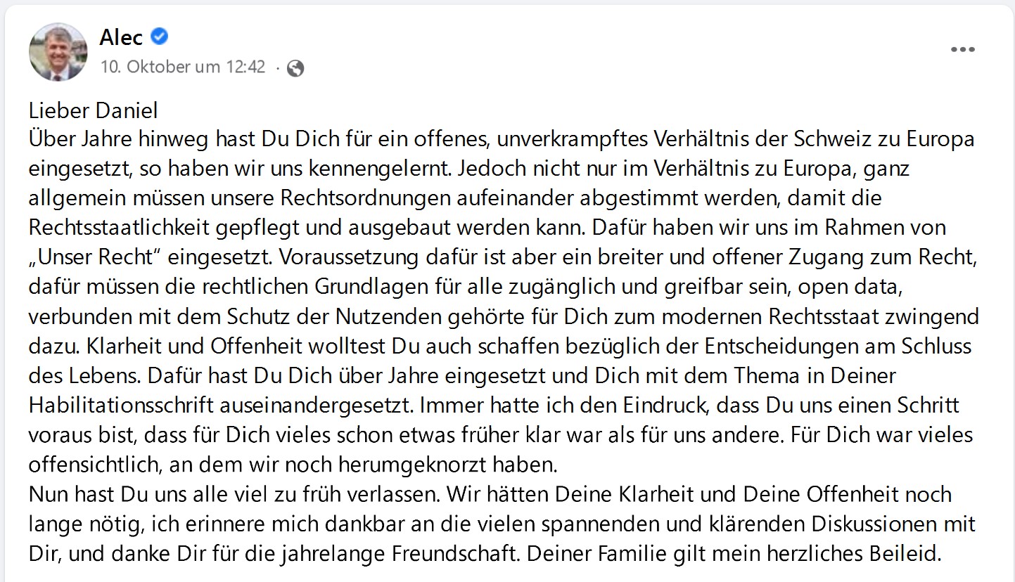Abschiedsworte des Berner Stadtpräsidenten Alec von Graffenried an Daniel Hürlimann auf Facebook am 10.10.2022