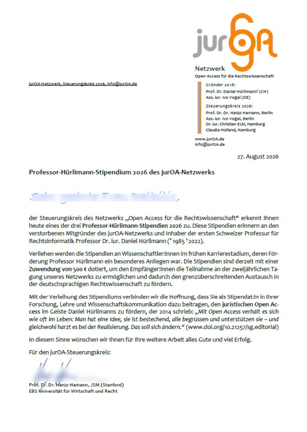Abbildung einer (nachträglich anonymisierten) Urkunde über die Verleihung eines Professor-Hürlimann-Gedenkstipendiums.